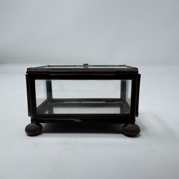 Vintage Etched Glass Brass Trinket Jewelry Box Ball Feet Sailboat Clipper Ship - Picture 3 of 6